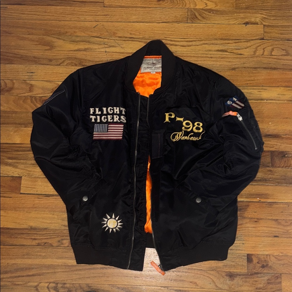 * USED * Black P-98 Embroidered Flight Tigers Bomber Jacket with Orange Lining